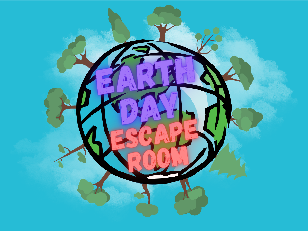 Cartoon-like drawing of the planet Earth from space with trees growing out of the planet. Inside the image of the planet are the worlds Earth Day in purple and and Escape Room in red. This is all on a bright blue background.