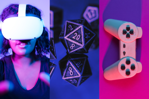 3 stock images: (1) a girl wearing a VR headset, (2) dice, including a D20, and (3) a video game controller