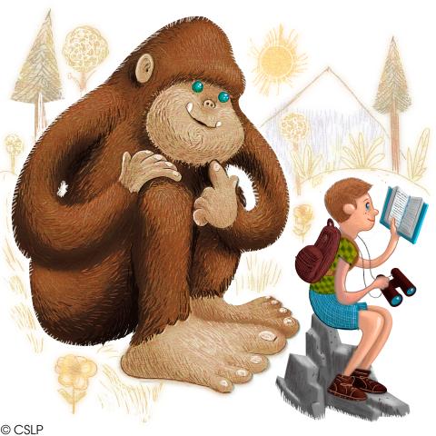 bigfoot and hiker reading