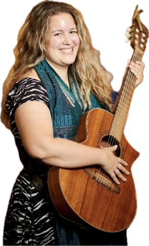 Image of musician Janet Christensen holding a guitar.