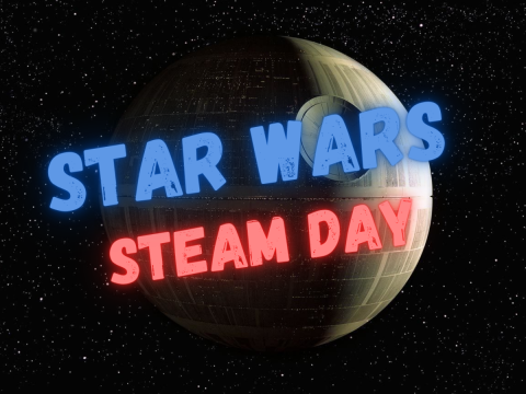 Black space background with the Star Wars Death Star. In front is text in blue that says Star Wars and below that text that says in red Steam Day.