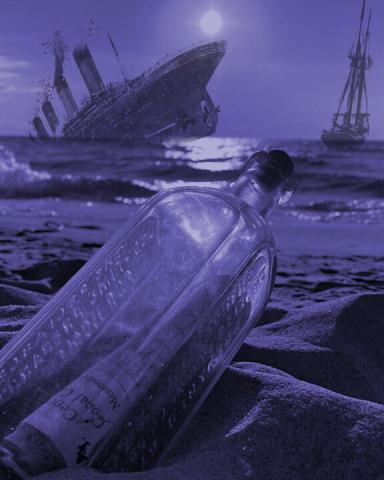 image of a message in a bottle with a sinking ship in the background