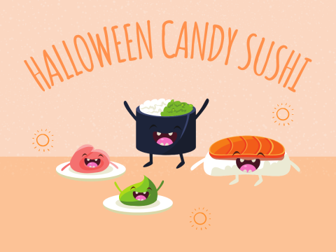 Halloween Candy Sushi in Orange on a light orange background. 4 pieces of anthropomorphic sushi making faces.