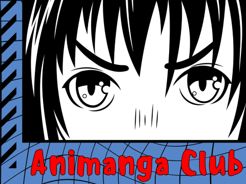 Blue background with a black line design in front of it. black and white anime drawing of a closeup of a forehead and eyes. Underneath the drawing in red are the words ANIMANGA CLUB.