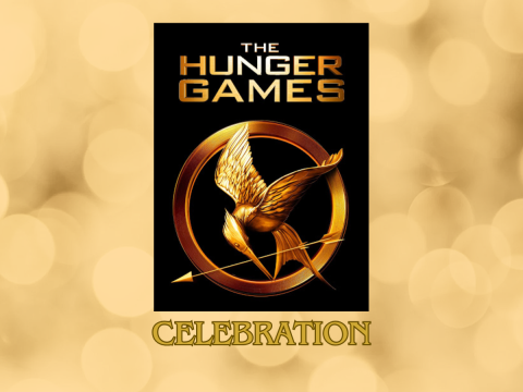 Gold patterned background with an image of the mockingjay pin on a black background and words in gold that say The Hunger Games. Underneath this image is the word CELEBRATION.