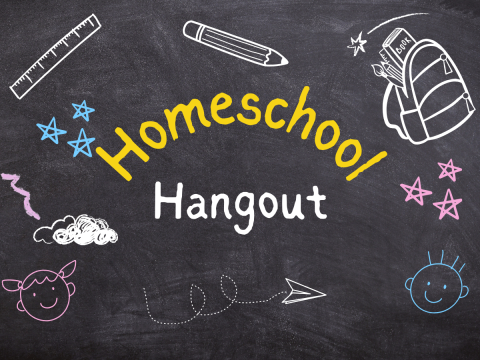 Black chalkboard background. Print says Homeschool Hangout. Outline drawings of ruler, pencil, backpack, stars, clouds, paper airplane and two kid faces.