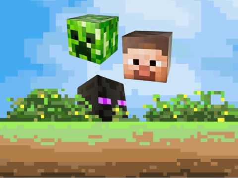 Pixelated outdoor scene with three Minecraft block heads floating.