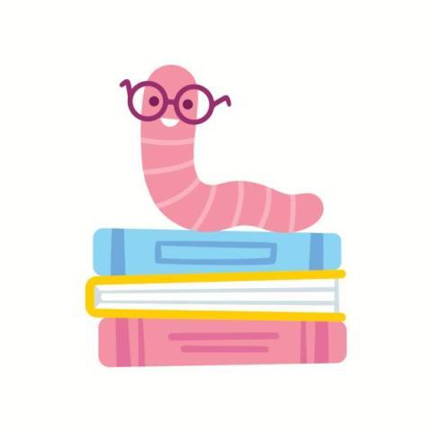 pink worm with glasses on a stack of books