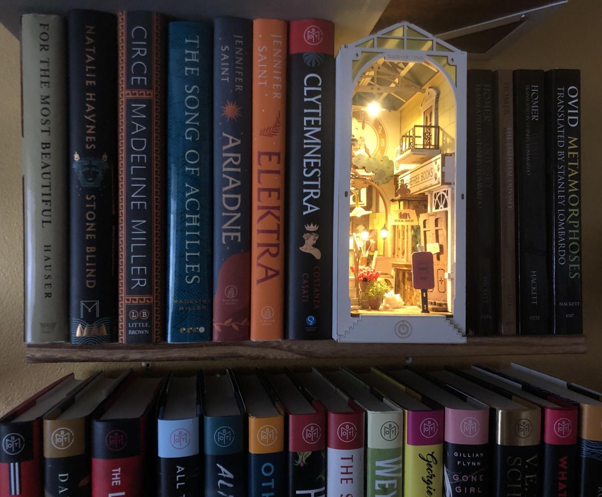 book nook between rows of books