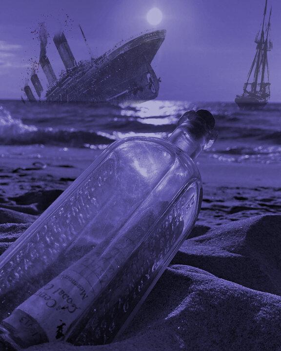 image of a message in a bottle with a sinking ship in the background