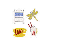 dragonfly, luke's diner sign, chinese take out container, stars hallow sign