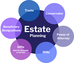 diagram in purples and blues with Estate Planning written in the middle