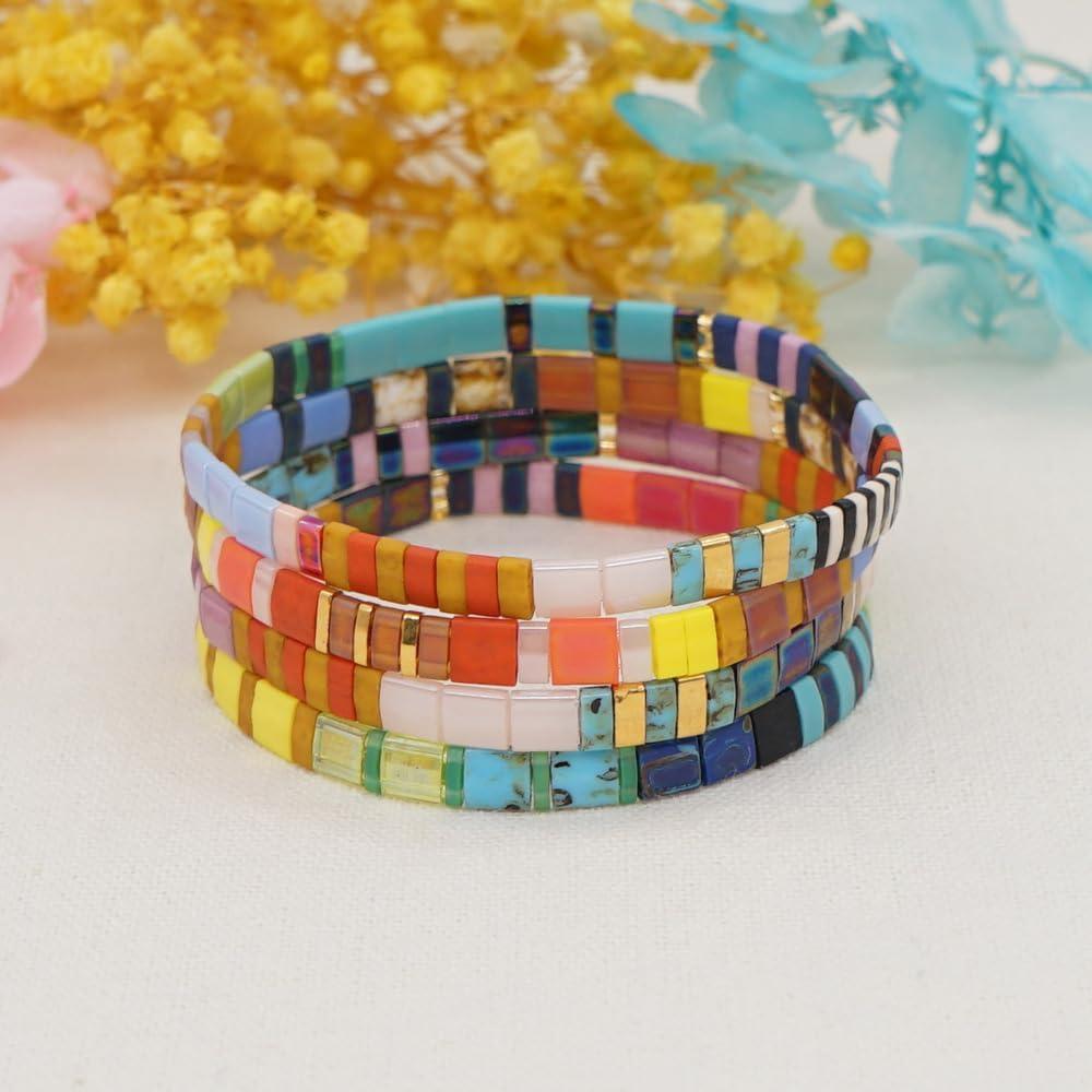 colorful square bracelets in a stacks
