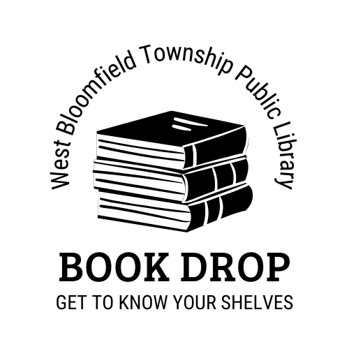 stack of books in black and white with book drop wording underneath